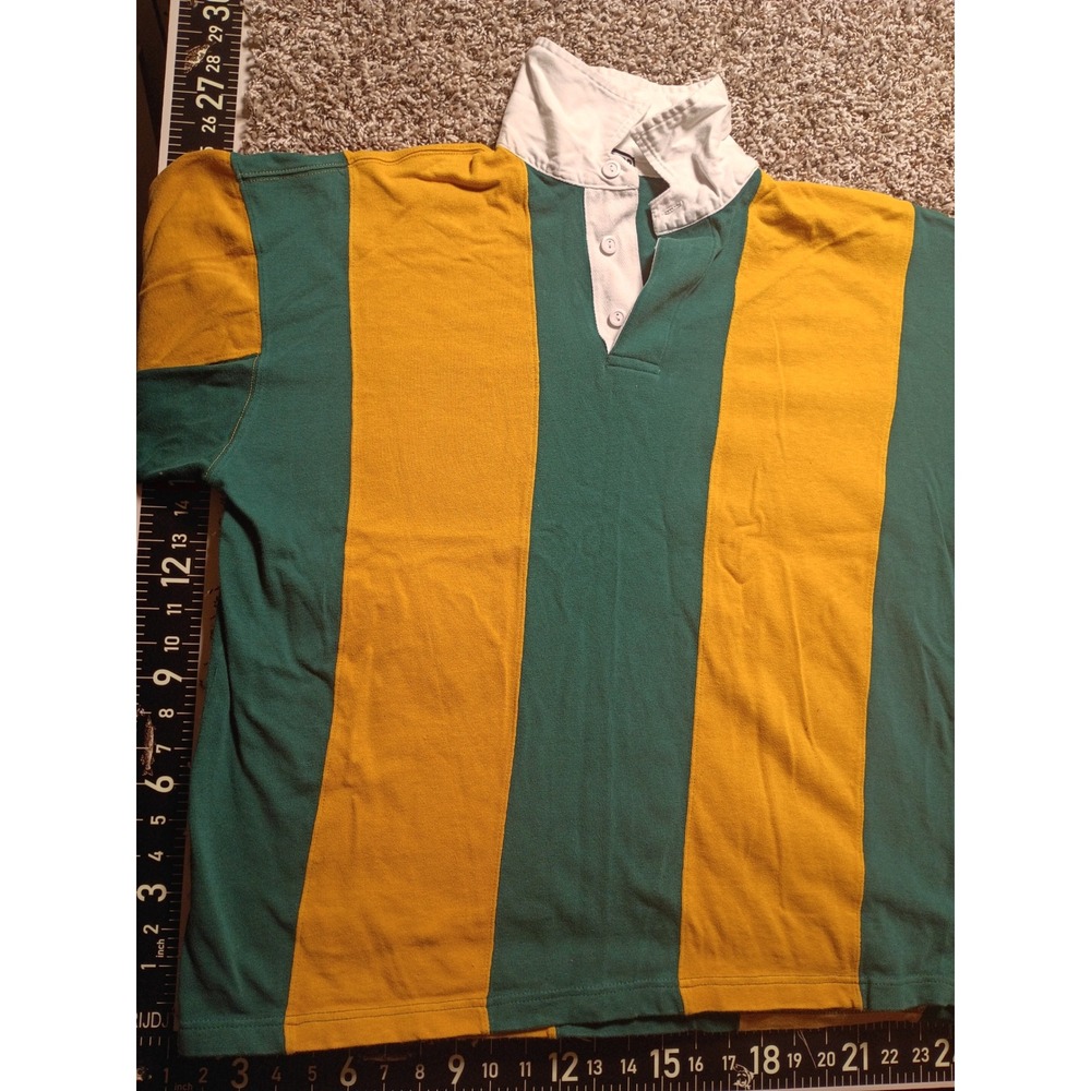 Vintage Express Rugby Shirt Mens Large Green Yellow Striped Long Sleeve Cotton